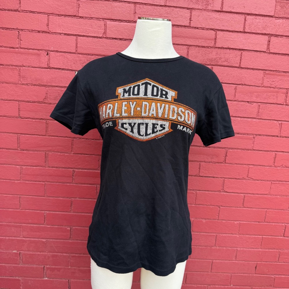 Vtg Y2K Harley Davidson Shirt Womens Size XL Black Rhinestone Logo Cotton Biker